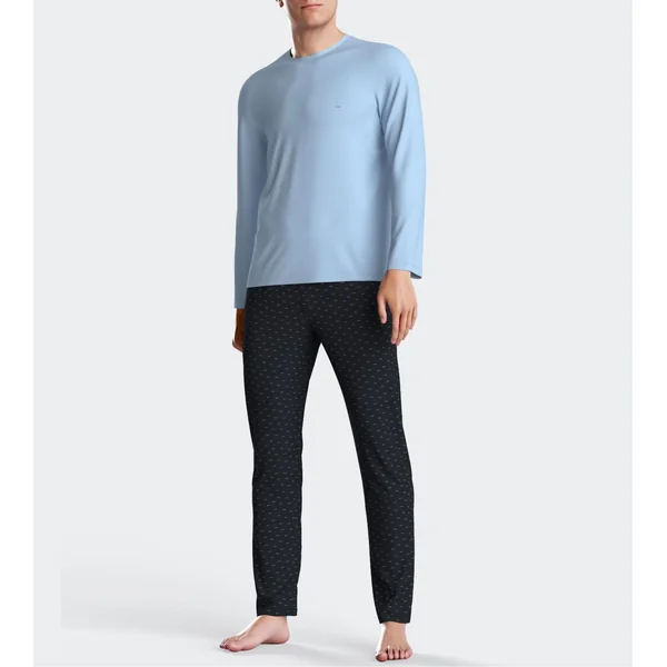 Pyjama homme en coton col rond bleu clair et pantalon imprimé avec noeud papillon