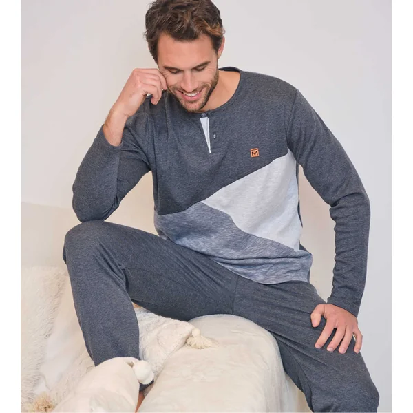 Pyjama long interlock col tunisien pour homme Gris Foncé