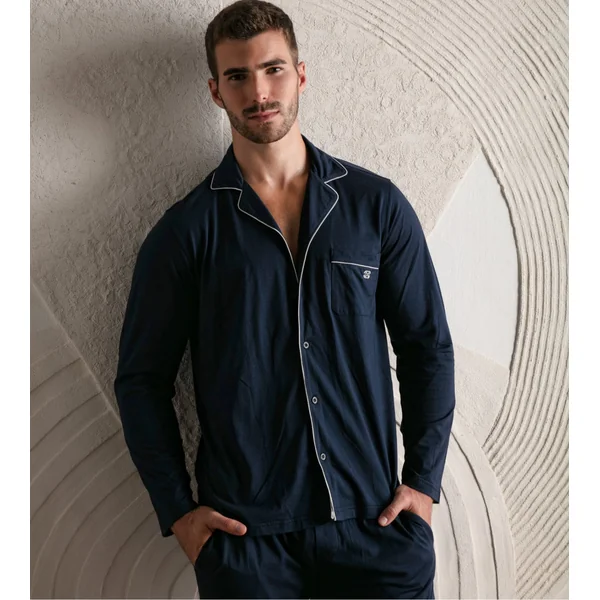 Pyjama uni chemise longue Bleu Marine homme Rafael