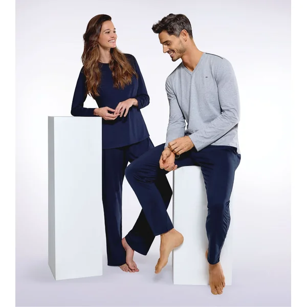 Pyjama uni manches longues en coton femme Bleu Marine