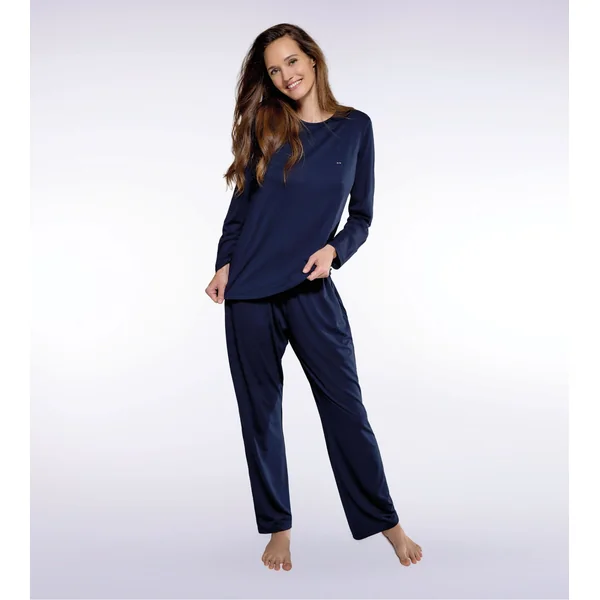 Pyjama uni manches longues en coton femme Bleu Marine