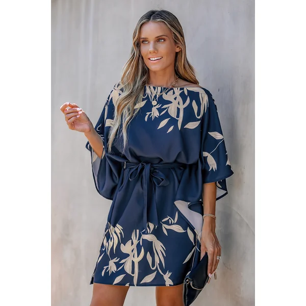 Robe avec ceinture à une épaule et à imprimé feuilles