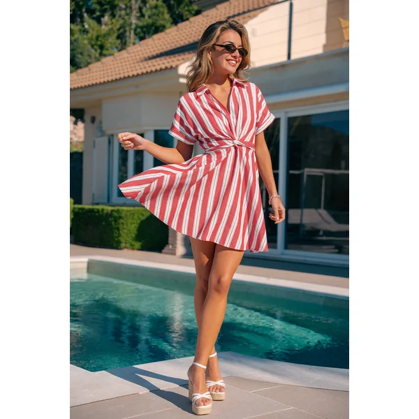 Robe chemise courte à rayures manches courtes