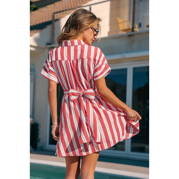 Robe chemise courte à rayures manches courtes