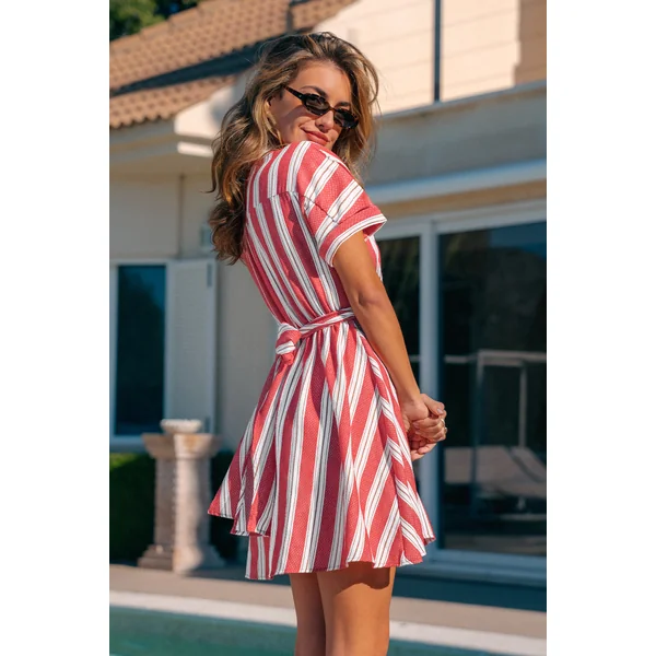 Robe chemise courte à rayures manches courtes