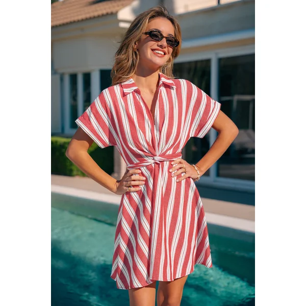Robe chemise courte à rayures manches courtes