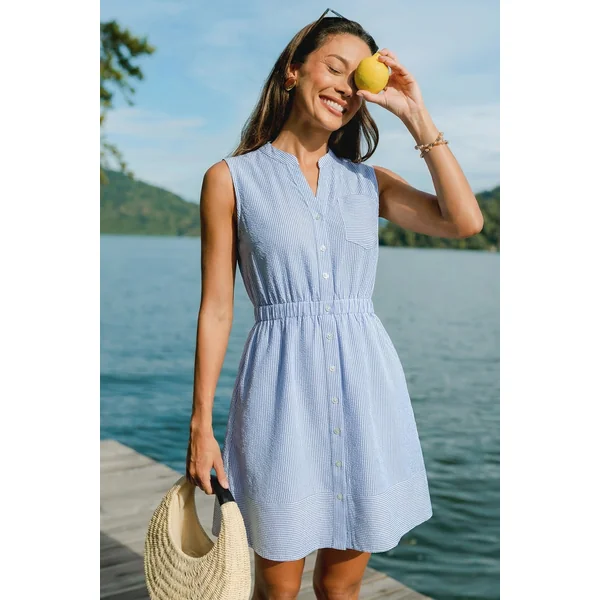 Robe chemise courte à rayures tissée taille élastique