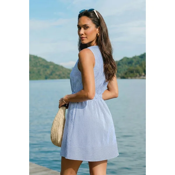 Robe chemise courte à rayures tissée taille élastique