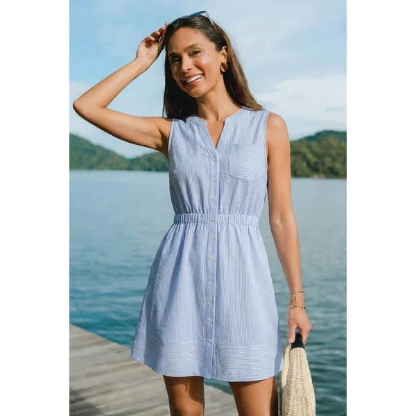 Robe chemise courte à rayures tissée taille élastique