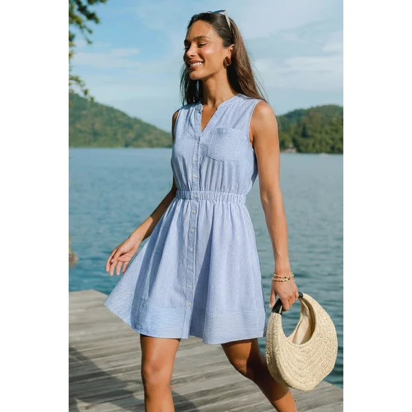 Robe chemise courte à rayures tissée taille élastique