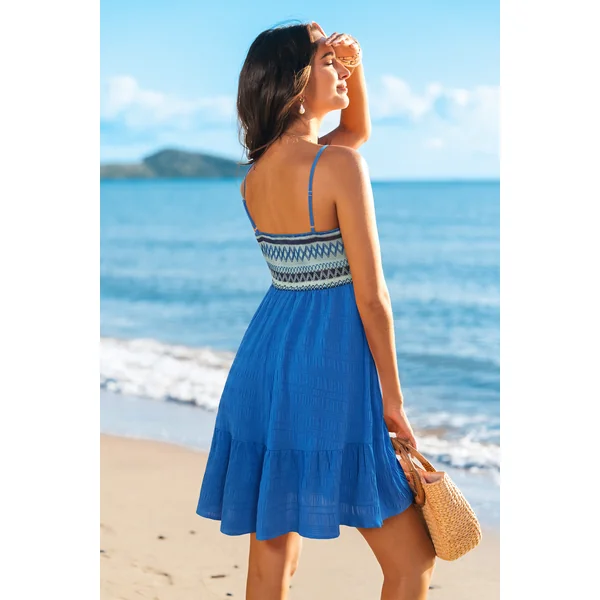 Robe courte bleue col carré sans manche