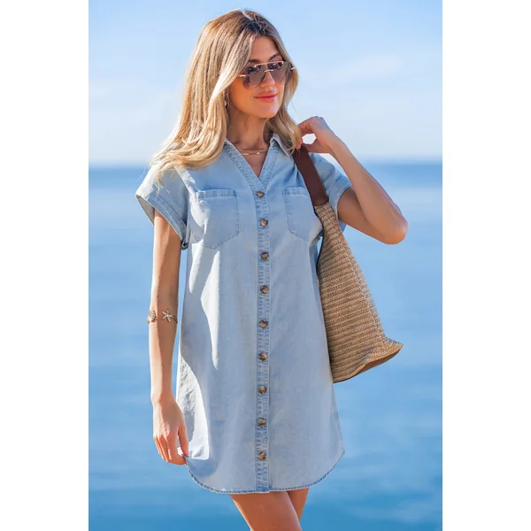 Robe courte bleue col chemise