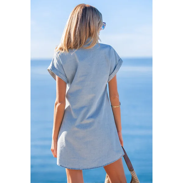 Robe courte bleue col chemise