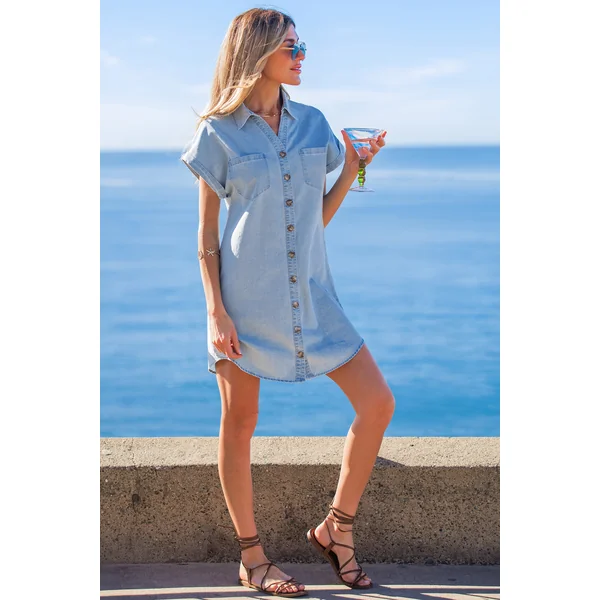 Robe courte bleue col chemise