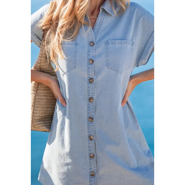 Robe courte bleue col chemise