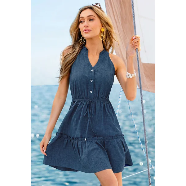 Robe courte bleue col cranté coupe sans manches