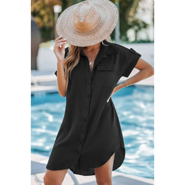 Robe courte en coton à col de chemise noire