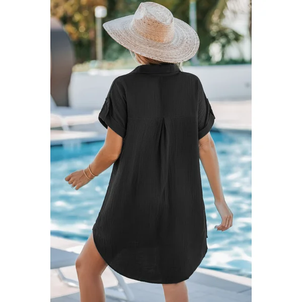 Robe courte en coton à col de chemise noire