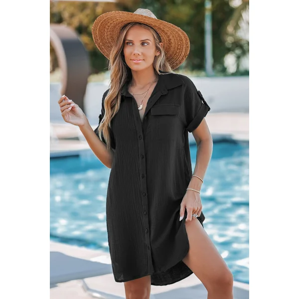 Robe courte en coton à col de chemise noire