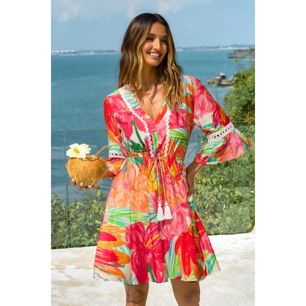 Robe courte florale col V manches mi-longues