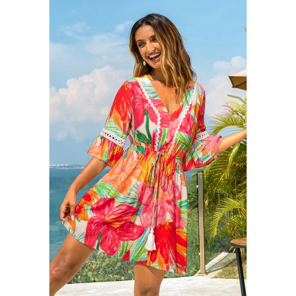 Robe courte florale col V manches mi-longues