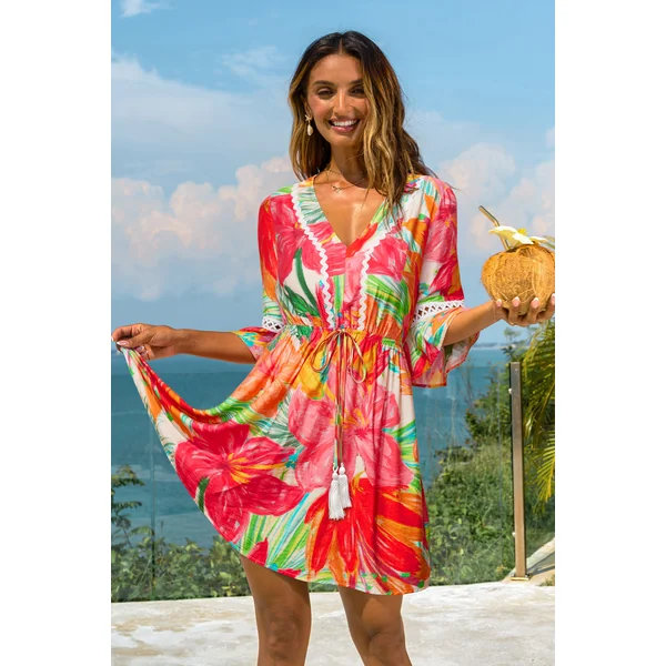 Robe courte florale col V manches mi-longues
