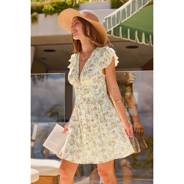 Robe courte florale col V