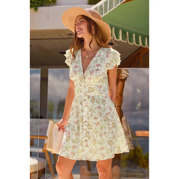 Robe courte florale col V