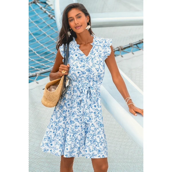 Robe courte florale nouer à la taille col cranté