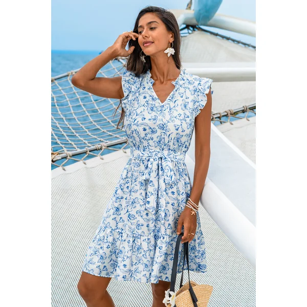 Robe courte florale nouer à la taille col cranté