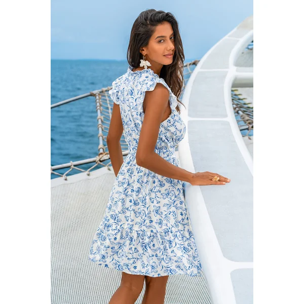Robe courte florale nouer à la taille col cranté