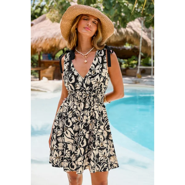Robe courte florale tissé sans manches col V