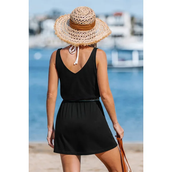Robe courte noire col V tissée sans manches
