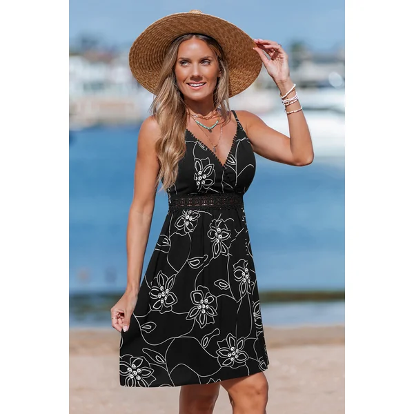 Robe courte noire florale sans manches