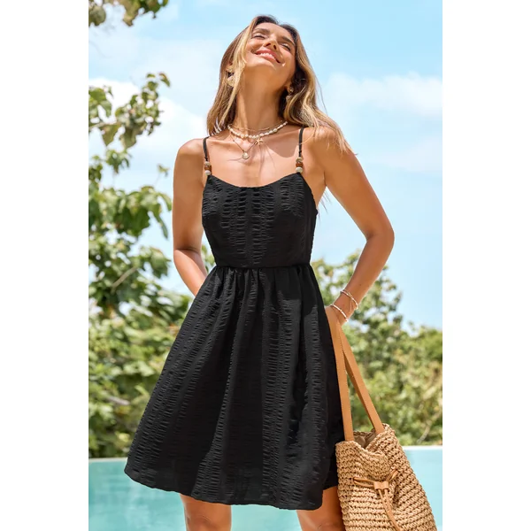 Robe courte noire tissée sans manches