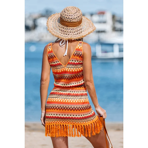 Robe courte orange à rayures col V
