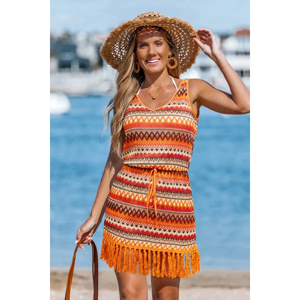 Robe courte orange à rayures col V