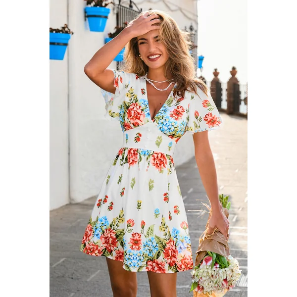 Robe courte tissée manches courtes