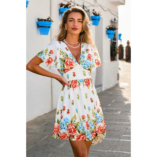 Robe courte tissée manches courtes