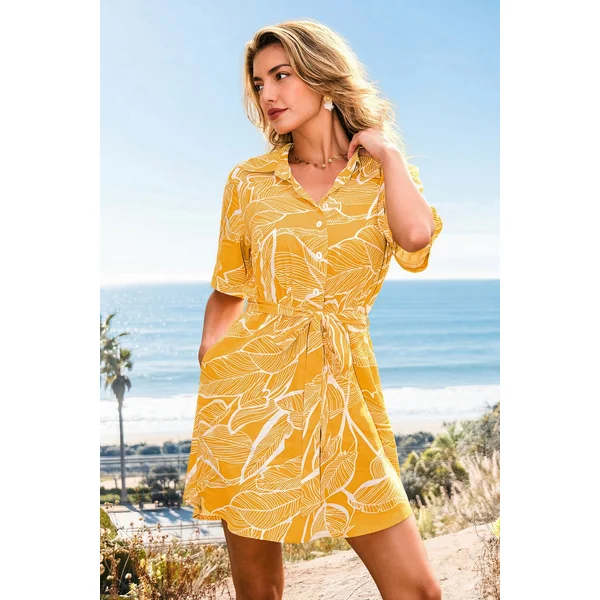Robe courte tropicale col chemise