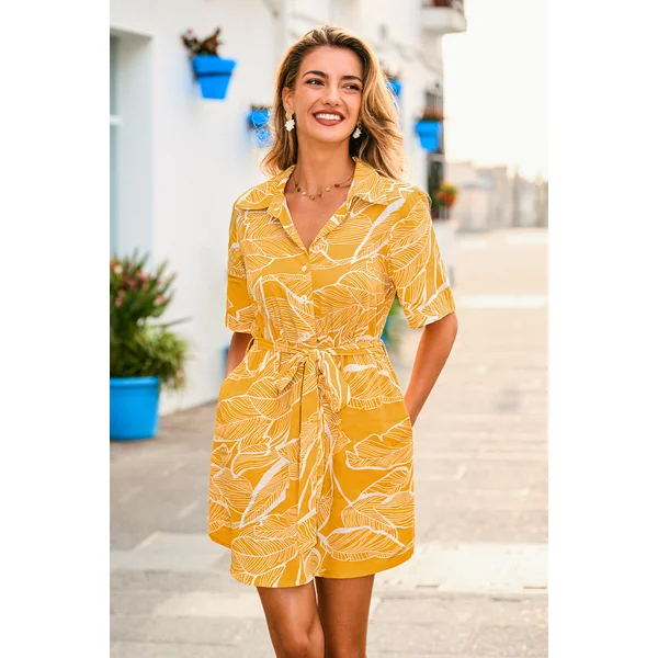 Robe courte tropicale col chemise