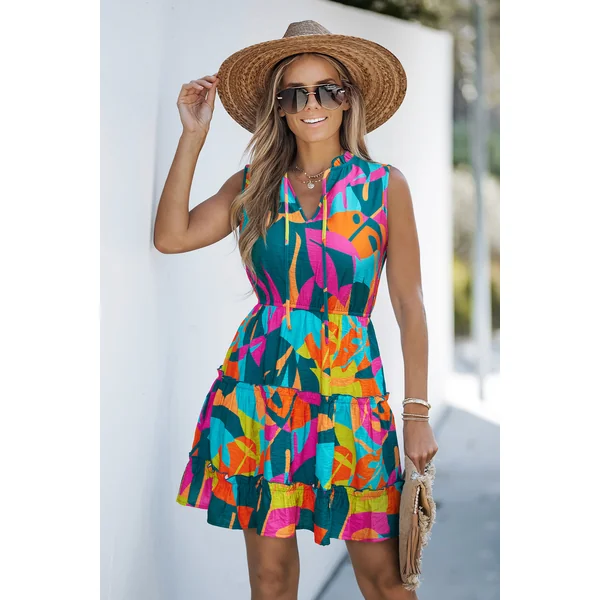 Robe courte tropicale col cranté sans manches
