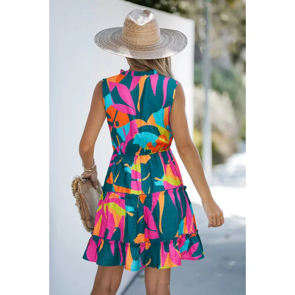 Robe courte tropicale col cranté sans manches