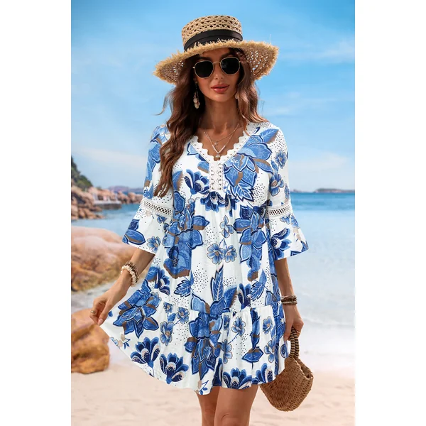Robe courte tropicale manches mi-longues