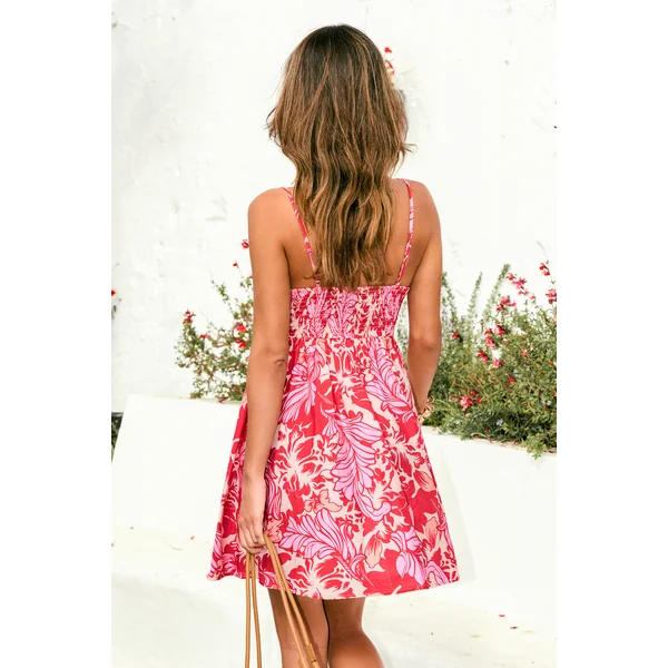 Robe courte tropicale tissée dos smocké