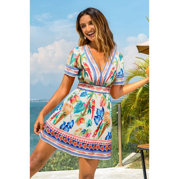 Robe courte tropicale à col en v manches courtes