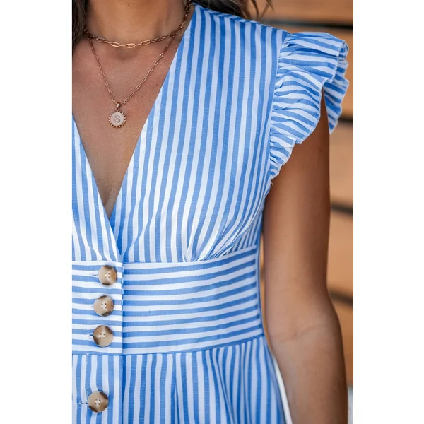Robe courte à col en V et manches flottantes avec rayures bleue