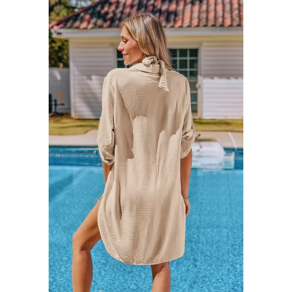 Robe cover up courte beige col chemise demi manches