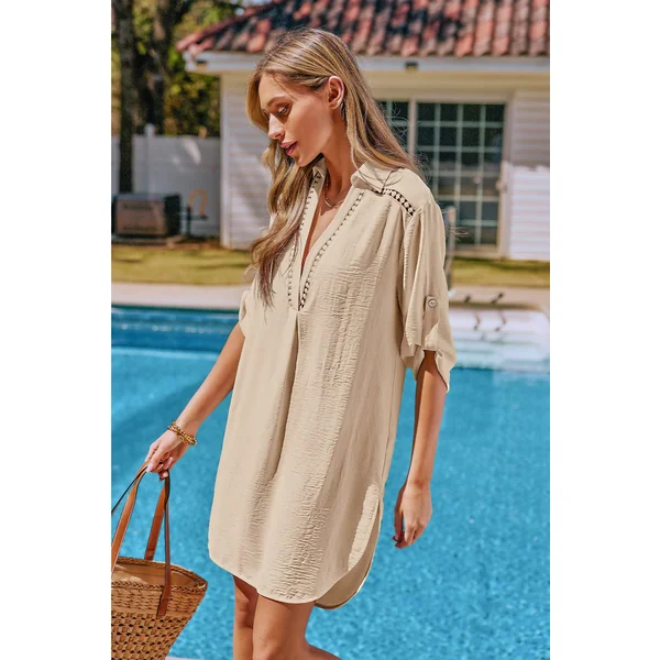 Robe cover up courte beige col chemise demi manches