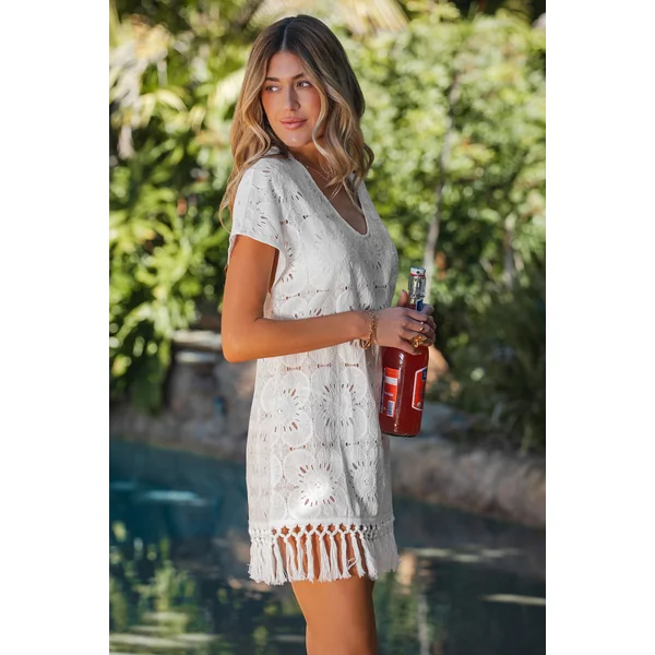 Robe cover up courte blanche tissée ourlet à frange